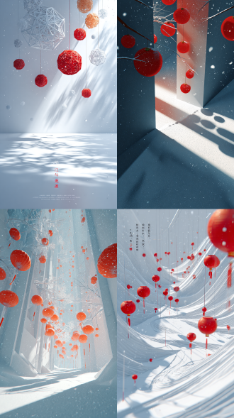 新年科幻中式海报，白色主调，红色网球灯笼点缀，雪花飘落，极简几何构图，光影对冲，流畅线条，未来感抽象艺术，高分辨率照片真实感，广角镜头，高对比度，冷光与暖色对冲，动态雪花轨迹，视觉冲击力强，简洁现代，科技与传统融合，流光溢彩氛围。