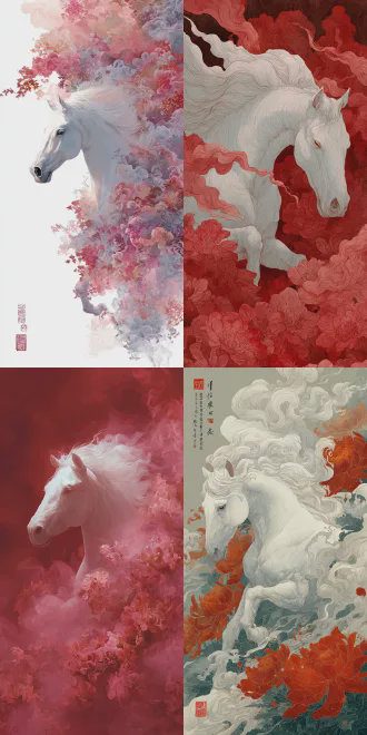 一匹马从云雾或者花海中飞出，只露出白色马头，马的鬃毛都化为烟雾，马元素移动到左上角，元素缩小，整体风格为红色，白马非常神骏，风格是中式, 背景为大量留白