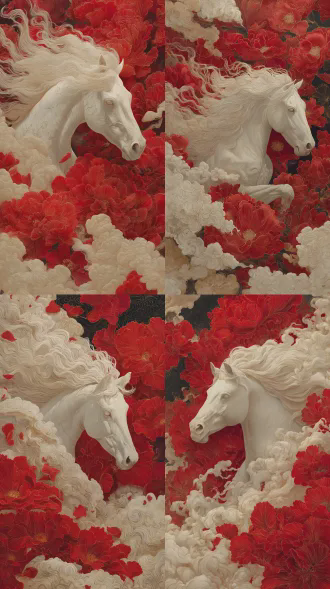 一匹马从云雾或者花海中飞出，只露出白色马头，马的鬃毛都化为烟雾，元素缩小，整体风格为红色，马非常神骏，风格是中式, 背景为大量留白