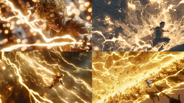 一名古装英雄，双手紧握施展法术，金色的闪电般光影环绕着，背后飞出很多回旋镖，精准的追击斩杀周围的暗界怪物，怪物吓得四处逃窜，惊恐表情，画面动感强烈，仙魔大战的意境，画面构图为远景构图，要全方位展示出英雄的全身，并且英雄位置在画面的右方。