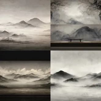 16:9横向毕业朗诵舞台led背景，中国传统写意水墨画，融合宋代山水画的含蓄意境与现代舞台极简美学。整体以深灰墨色、烟灰色、极淡暖灰为主，宣纸肌理细腻，墨色层层洇染，构建苍茫、悠远、肃穆的历史氛围。 画面上半部，乌蒙山连绵起伏的远山轮廓隐约浮现在浓淡交错的烟云之间，山峦以淡墨皴擦勾勒，虚实相生，山谷间残留一缕轻薄云雾。远处一条若隐若现的山间古道沿山势蜿蜒，消失在雨雾深处，含蓄暗示当年红军走过的长征道路。画面边缘可出现极淡的古梨树枝影，枝干苍劲而疏朗，几片细小的梨花花瓣在微雨中轻轻飘落，不形成明显装饰。 画面水平中线略偏下的位置，一只历经岁月的旧竹编背篓安静地立于山间湿润的土地上。背篓口宽底窄，竹篾交织紧密却略有磨损，篓口边缘带有不规则旧痕，两条陈旧肩带自然垂落。背篓约占画面宽度12%，采用比背景略浅的灰墨轻描轮廓，以简练枯笔刻画其质朴与沧桑，形象清晰但不突出。 地面仅有几笔湿润泥土的淡墨痕迹与零星落花，远山、古道、梨枝和背篓通过雾气自然连接，形成深沉、悠远的历史空间。 整体画面宁静克制，略带悲壮的历史厚重感，不刻意营造宏大场面，而以一只背篓唤起长征岁月的记忆。采用中国画虚实相生、以少胜多的表达方式，使画面具有诗意与沉静的力量。 舞台下方约三分之一及左右朗诵者站位保持低对比、大面积留白。整体光线柔和均匀，不设置中心聚光、不突出高亮区域。画面不出现人物、文字、旗帜、标语、现代建筑、金色光束及强烈装饰元素。