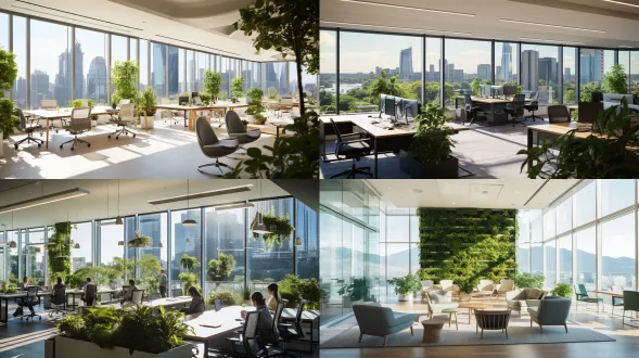 新一代甲级写字楼办公空间，现代极简风格，宽敞明亮，落地窗外城市景观，垂直绿墙生机盎然，开放式工位搭配独立会议室，自然光与柔和的led灯结合，中性色调与绿植点缀，科技感与自然融合，员工专注工作或轻松交流，广角镜头，浅景深，高动态范围，自然色调，宁静舒适氛围。