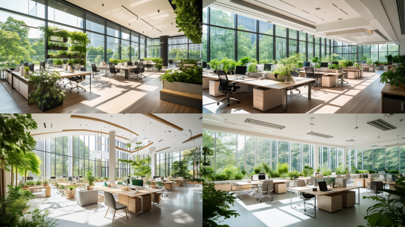 新一代甲级写字楼办公空间，森林系现代化办公室，开放式布局，绿植墙，自然光，大面积落地窗，原木家具，简约现代风格，明亮柔和色调，广角镜头，浅景深，自然光与人造光结合，员工专注工作，舒适放松氛围，活力与宁静并存，生机勃勃，高效与自然融合。
