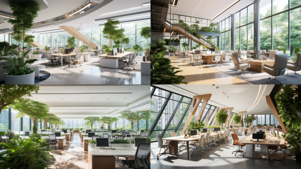 新一代甲级写字楼办公空间，森林系现代化办公室，带有科技感，宽敞明亮，绿植环绕，玻璃幕墙，自然光，现代简约家具，智能办公设备，柔和中性色调，开放空间，几何线条，未来感装饰，流畅动线，高效工作氛围，科技蓝点缀，宁静舒适，高级感材质，极简主义，城市景观视野