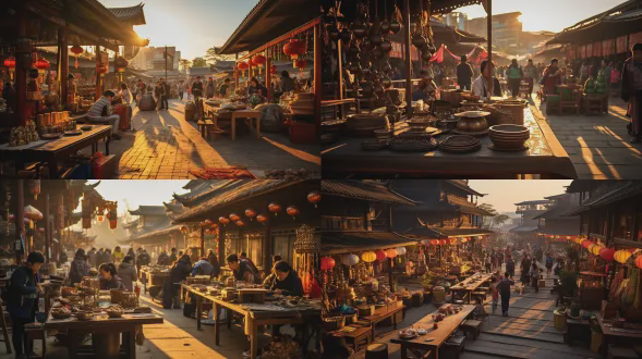 广西文化主题市集，集装箱外摆空间与博物馆建筑呼应，身着壮族服饰的摊主微笑交谈，摊位陈列绣球、铜鼓等手工艺品，傍晚金色阳光斜照，柔光，广角镜头，高细节，生动市井生活，温暖色调，文化传承的喜悦氛围。