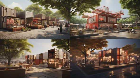 帮我生成一个市集的效果 整体感觉以广西文化等元素来呈现 ，这个是在广西博古馆外的一个外摆空间，用集装箱等快捷空间来组合的，把广西博物馆的文化与市集形成一个呼应，做一个没有围墙的博物馆