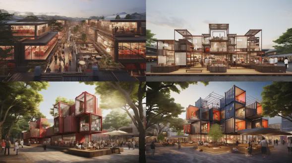 帮我生成一个市集的效果 整体感觉以广西文化等元素来呈现 ，这个是在广西博古馆外的一个外摆空间，用集装箱等快捷空间来组合的，把广西博物馆的文化与市集形成一个呼应，做一个没有围墙的博物馆，可以让集装箱堆叠来形成山势起伏的状态，广西山水与漓江蜿蜒曲线