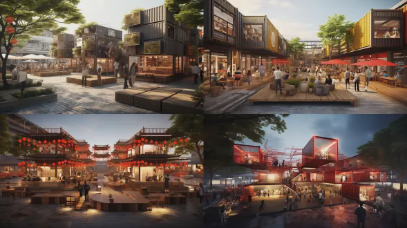 帮我生成一个市集的效果 整体感觉以广西文化等元素来呈现 ，这个是在广西博古馆外的一个外摆空间，用集装箱等快捷空间来组合的，把广西博物馆的文化与市集形成一个呼应，做一个没有围墙的博物馆，可以让集装箱堆叠来形成山势起伏的状态，广西山水与漓江蜿蜒曲线，多个形体形成集市感觉 也可以是鸟瞰效果表现