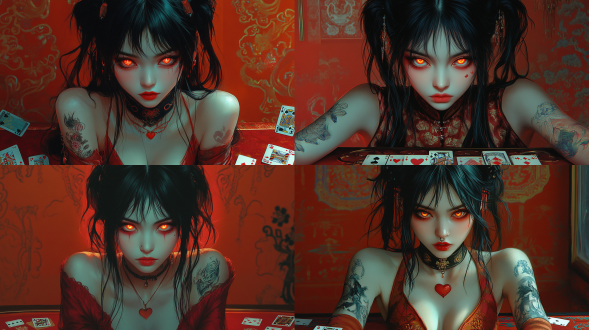 动漫插画，一个美丽的中国女人，穿着新中式国潮旗袍，坐在牌桌前，桌上放着零散的扑克牌，正视视角，散乱的长黑发，中分心形刘海，头顶上左右扎着两个丸子头，红绳绑着，橘红色的眼影，橘红色的口红、橘红色的指甲油，明亮的橙色眼睛，微低着头直视镜头，冷酷危险的表情，双臂有中式风格纹身，手腕上缠绕着橘红色的丝带，背景橘红色，中式装饰元素，高饱和的色彩，中国朋克风格，赛博朋克核心，高细节，高清晰度 动画插画，一位美丽的中国女性，身穿新中式旗袍，坐在牌桌旁，桌上散落着扑克牌，牌面朝上，长长的黑发散落，心形刘海分开，头部左右各绑着两个丸子头，系着红绳，橘红色眼影，橘红色口红，橘红色指甲油，明亮的橘色眼睛，微微低头直视镜头，表情冷峻且危险，双臂有中式纹身，手腕缠绕着橘红色丝带，橘红色背景，中式装饰元素，高饱和色彩，中式朋克风，赛博朋克核心，高细节，高分辨率