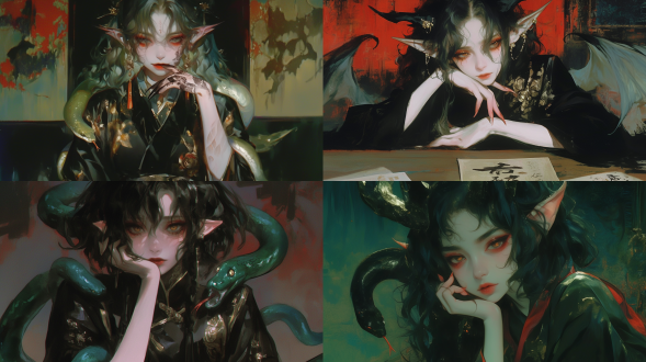 水彩水墨风，一个美丽的新中式中国女人，黑色长卷发，中分卷刘海，尖长的精灵耳朵，橘红色的眼影和口红，嘴里吐出蛇的分叉舌头，手放在墙上字画上，穿着墨绿色新中式汉服，服装上有着晕染的花朵颜色，肩膀上缠绕着一条墨绿色的蛇，背景中式客厅，苍白细腻的皮肤质感，中式幻想，中式怪诞惊悚电影质感，高细节，高清晰度 水彩和墨水风格，一位美丽的新中国女性，拥有长长的黑色卷发，中间卷曲的刘海，尖锐而修长的精灵耳朵，橙色眼影和口红，嘴里伸出一条分叉的蛇舌，手放在墙上的书法和绘画上，穿着深绿色的新中式汉服，衣服上有花色光环，一条深绿色的蛇缠绕在她的肩膀上，背景是一个中国客厅，肤色苍白细腻，中国奇幻，中国怪异惊悚电影质感，高细节，高分辨率