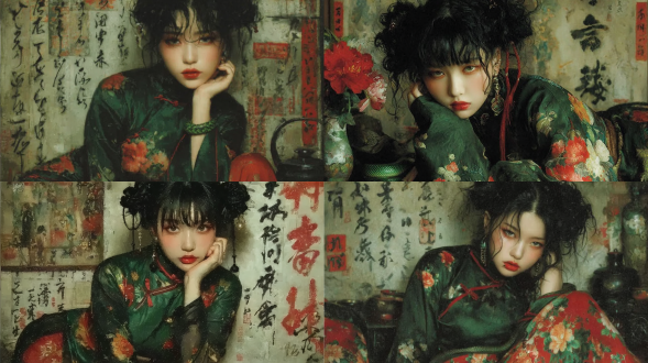 水彩水墨风，一个美丽的新中式中国女人，黑色长卷发，中分卷刘海，尖长的精灵耳朵，橘红色的眼影和口红，嘴里吐出蛇的分叉舌头，手放在墙上字画上，穿着墨绿色新中式汉服，服装上有着晕染的花朵颜色，肩膀上缠绕着一条墨绿色的蛇，背景中式客厅，苍白细腻的皮肤质感，中式幻想，中式怪诞惊悚电影质感，高细节，高清晰度 水彩和墨水风格，一位美丽的新中国女性，拥有长长的黑色卷发，中间卷曲的刘海，尖锐而修长的精灵耳朵，橙色眼影和口红，嘴里伸出一条分叉的蛇舌，手放在墙上的书法和绘画上，穿着深绿色的新中式汉服，衣服上有花色光环，一条深绿色的蛇缠绕在她的肩膀上，背景是一个中国客厅，肤色苍白细腻，中国奇幻，中国怪异惊悚电影质感，高细节，高分辨率