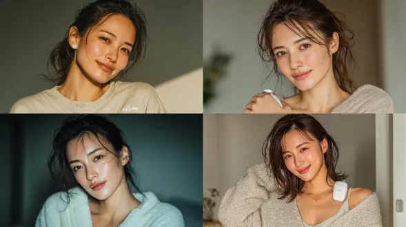 一张20多岁美丽日本女性的真实照片，她正轻柔地用电动剃毛刀处理前臂内侧，穿着轻便的休闲家居服，光线自然，背景柔和干净，表情优雅平静，聚焦于修剪的动作，没有可见的体毛，没有夸张的表情，摄影质量高，为真实人体模特。