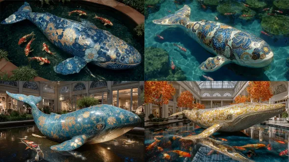 a colossal porcelain whale resting beneath a crystal-clear garden lake, its tail curling through moss and koi fish with metallic scales, inscribed with golden calligraphy, sunbeams pierce the water in stained-glass patterns