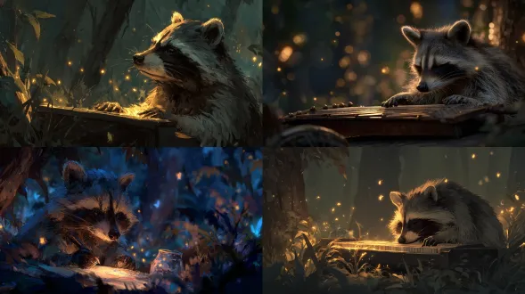 a raccoon gently playing a glass harp under fireflies, ambient forest background, emotional calmness