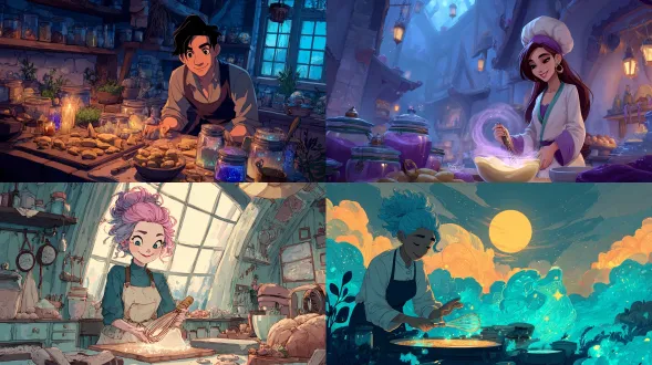 baker using a glowing moon whisk to stir stardust dough, smiling gently, whimsical magical bakery at dusk