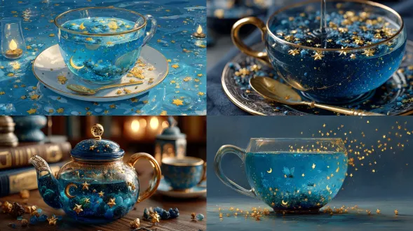 a galaxy-blue tea, with golden stars and moons floating it features a whimsical atmosphere, reminiscent of the animation works of hayao miyazaki. high resolution, high quality, high detail, intricate detail, hyper-realistic, super-detailed, super-clear, masterpiece.
