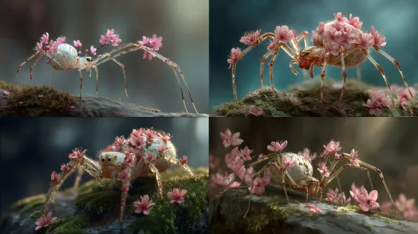 a translucent spider with transparent floral textures along its legs, delicate pink blossoms growing around its body, posed confidently on a mossy rock, golden backlight casting soft shadows, fantasy-inspired digital painting