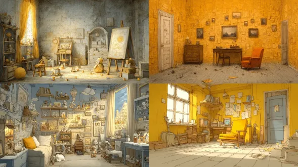 a childhood memory room where furniture fades into pencil sketches, toys floating in golden nostalgia glow