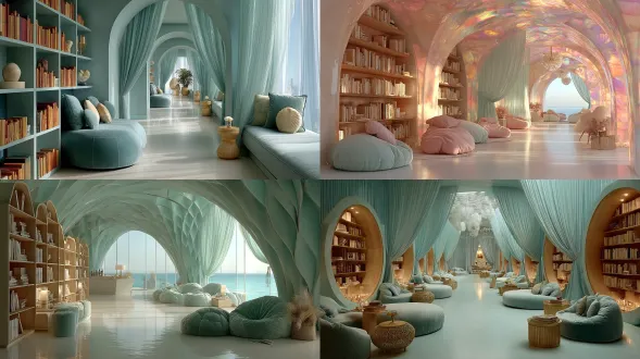 calmness inside a library made of translucent seashells, curved pastel walls, soft velvet pillows and seafoam drapes