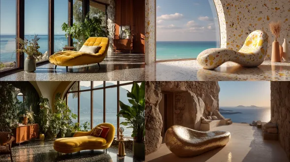summer chaise lounge shaped like a melted mango, placed in a terrazzo sea-view villa with golden sunbeams