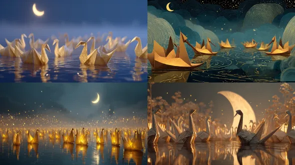 hundreds of glowing origami swans playing violins on a mirror lake under midnight sky, soundwaves ripple in gold, paper bodies fold gently, crescent moon above, mist drifting slowly