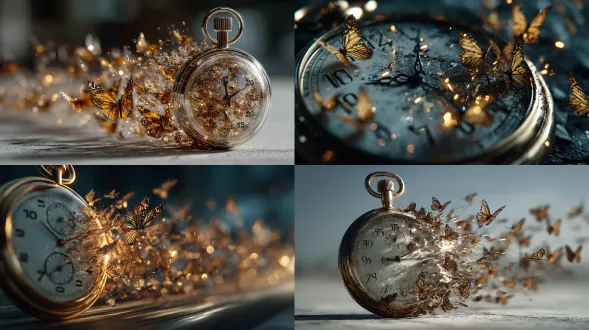 a stopwatch exploding into glass butterflies, frozen in time with golden light beams, wide lens