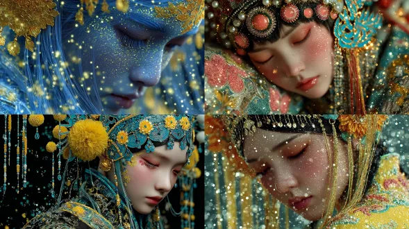 美丽的中国少女，京剧特色，花旦，幻想艺术风格，超现实的插图风格，精致的线条，神秘，晶莹剔透的皮肤纹理，长长的飘逸的头发装饰，闭着眼睛，梦幻般的表情，被闪闪发光的光粒子包围，32k，3d模型，虚拟引擎，黄蓝粉色氛围感，全身，皮肤细腻，皮肤纹理清晰，半露肩膀