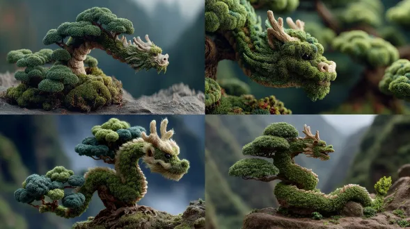 一条龙形盆景，绿苔覆盖在树干上，蜿蜒盘旋向上冲天，高高地抬起头，仿佛在半空中翱翔。背景以模糊的自然风光为特色，特写镜头捕捉了鳞片、爪子和眼睛等细节。这件艺术品呈现出精致的质感和细腻的细节，展示了媒介的艺术性。它体现了中国古代的元素，营造出强烈的神秘感