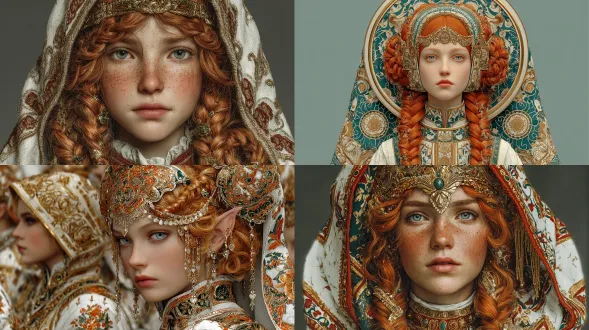 逼真的 3d 渲染。美丽的精灵女王全身肖像，明亮的银色眼睛，红发，金色和祖母绿的奢华辫子发型，穿着一件绣有金色和祖母绿的白色精灵长袖长袖礼服，灵感来自阿米达拉女王。身穿金色连帽斗篷的侍女站在精灵女王身后。现实