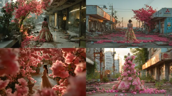 全身镜头，但从膝盖以上取景，人物在画面中占比较小，更多地展现环境。一位头发凌乱的日本女性，身着一袭精致的连衣裙，裙子由垂落的粉色三角梅与簇拥的浅粉色小褶边花瓣构成，这些花朵呈密集的锥形簇状绽放，与绿色藤蔓交织缠绕。她站在战后被自然重新占据的废弃街道中央，背景中清晰可见生锈的路牌、长满杂草的龟裂沥青路面，以及爬满常春藤的破碎商店橱窗。柔和的黄金时刻光线，营造出富有诗意与空灵的氛围，呈现出电影般的编辑风格，细节丰富。