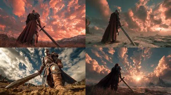 a knight in shining armor standing on a vast battlefield, 14mm ultra-wide lens, dramatic sky, exaggerated foreground with sword planted in the ground