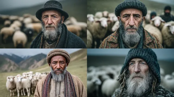 a portrait of a shepherd with flock in a green valley, 18mm wide lens, balanced background, soft morning light