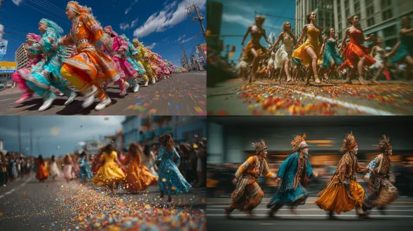 a lively parade with dancers in colorful costumes, 18mm wide lens, joyful motion, street confett
