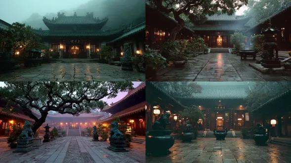 a temple courtyard at dawn, 16mm wide lens, soft mist, ornate statues
