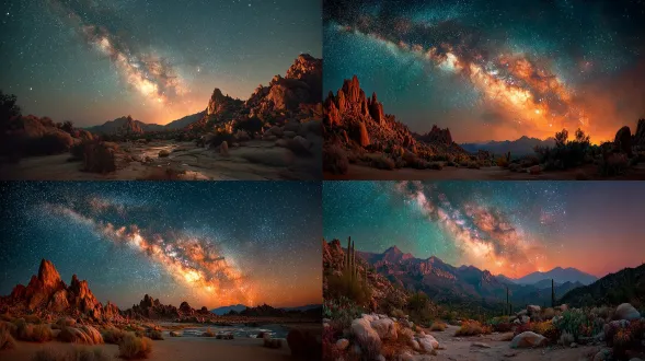 the milky way stretching across a desert sky, 14mm ultra-wide lens, foreground silhouette of cactus and rocks