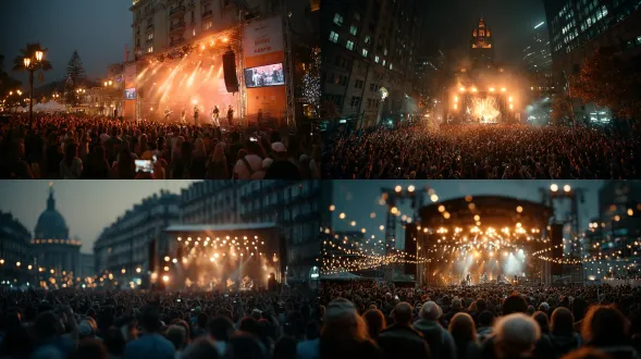 an open-air concert in a city square, 16mm wide lens, large crowd, stage lights glowing