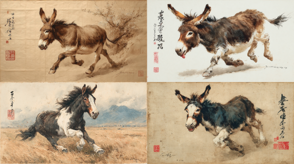徐悲鸿的中国传统水墨画描绘了一头全身驴自由驰骋。用写意的笔法从侧面勾勒出动感的姿态，突出了飘逸的鬃毛。远山洗淡墨。驴的眼睛采用了黄周的同心圆手法，呈现出滑稽夸张的效果。舌头俏皮地伸出来，就像明朝的十二生肖画一样。驴脸露出夸张的表情，还有朱红色的收藏印章