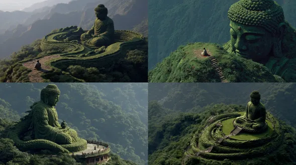 一座巨大的佛像和中国龙在山上的绿草上雕刻而成，以动画 gif 的风格，富有想象力的监狱场景，曾俊杰、眼镜蛇、自然主义城市景观、维托里奥·雷贾尼尼、b 级电影美学
