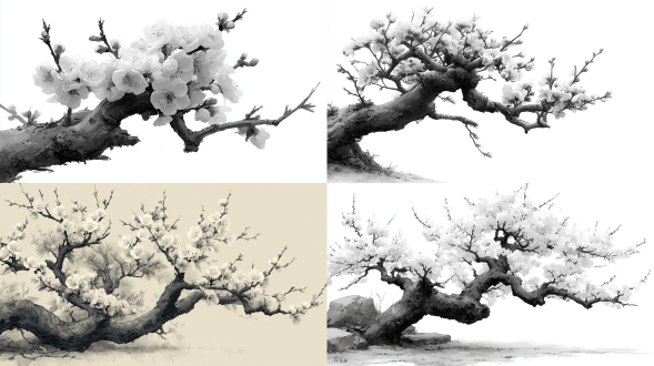一幅中国传统水墨画，画梅花枝，以黑白单色呈现。枝条扭曲多节，冒出娇嫩的花蕾。运用墨笔手法，捕捉墨水的质感和流动性，强调东亚传统艺术的优雅和简约。高对比度，极简背景突出梅枝