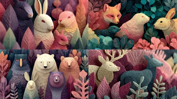 a layered papercut collage of woodland animals, soft pastel paper textures, overlapping shapes, gentle shadows, whimsical handcrafted look