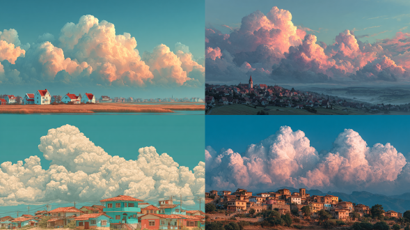 cumulus clouds above a cozy village at midday, soft color palette and fairytale warmth, 50mm lens, f/2.8, iso 200, soft natural light, pastel tones, cinematic lighting, dreamy fine art style