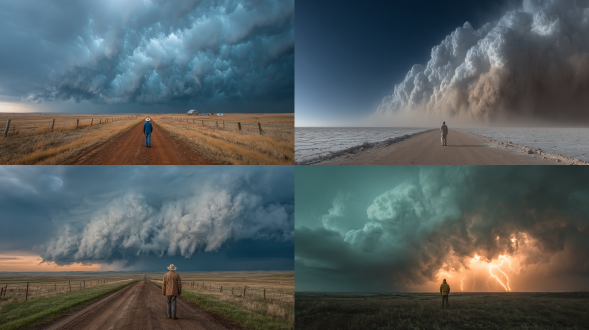 wasteland explorer facing an enormous storm wall, cumulonimbus sky dominating the horizon, 24mm wide-angle lens, f/11, iso 100, 1/500s, high contrast, hdr simulation, low angle perspective