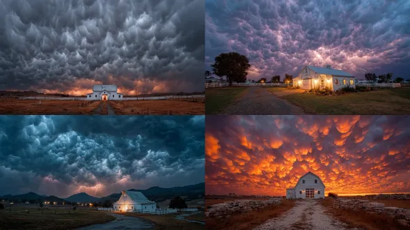 mammatus cloud ceiling lit by lightning above rural barn, dramatic moment before the storm, 35mm lens, f/8, iso 100, 1/250s, high contrast, hdr simulation, cinematic lighting, low angle perspective