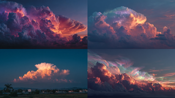 sunset sky with iridescent pileus cloud on a thunderhead, surreal colors and dreamlike mood, 85mm lens, f/2.8, iso 200, soft natural light, cinematic lighting, pastel color grade, fine art photography style, up light