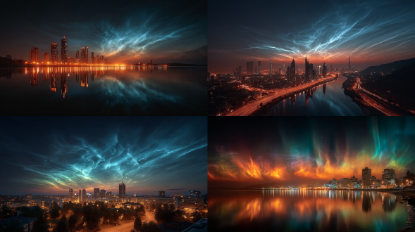 futuristic city skyline under glowing noctilucent clouds, surreal night sky and neon reflections, 50mm lens, f/1.8, iso 400, long exposure, soft focus, cinematic lighting, twilight tones, astrophotography style