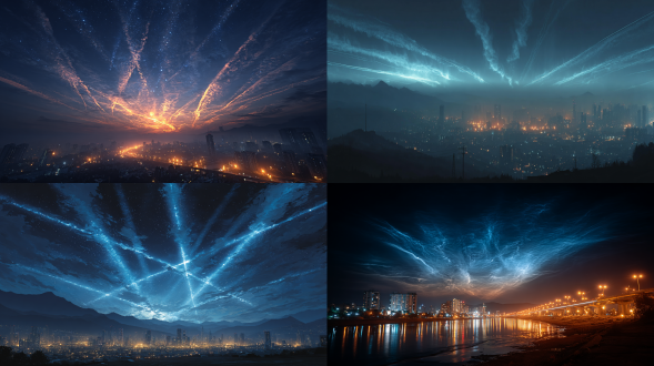 sci-fi city with multiple contrails glowing in the sky like coded signals, clean high-tech tone, 35mm lens, f/8, iso 100, fine art sky photography style, clean exposure, minimal shadows