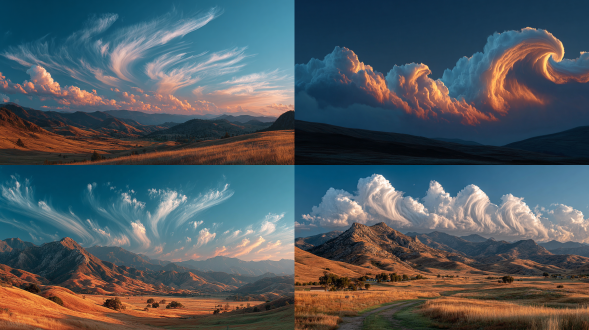 golden hour sky with kelvin-helmholtz cloud curls above rolling hills, peaceful yet surreal, 50mm lens, f/5.6, iso 200, 1/1000s, cinematic lighting, fine detail, dramatic sky photography style