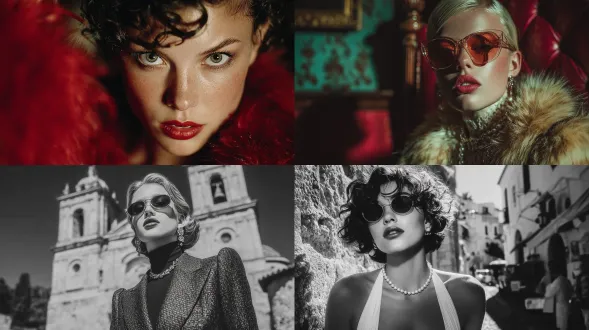 bold empowering film 1970 fashion portrait inspired by helmut newton, shot on mamiya rz67