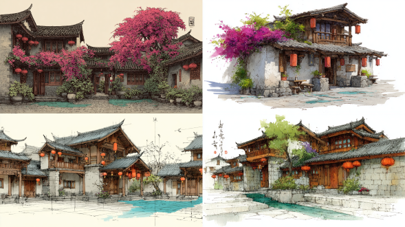 极简手绘丽江古城客栈。精致纳西建筑线条。两层木建筑配雕花屋檐和石基础。攀爬牵牛花藤蔓配紫色喇叭花装饰木柱。传统红灯笼悬挂托架。鹅卵石庭院配水渠流淌。大地棕与鲜艳绿松石色调。山区晨光水晶般清澈。柔和白背景。质朴、民族、和谐融入自然山地魅力