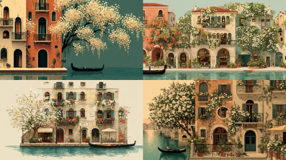 极简手绘威尼斯运河边咖啡馆插画。简洁线稿。优雅三层建筑，拱形窗户配精美阳台。精致锻铁栏杆上攀爬茉莉花朵垂瀑而下，白色花朵映衬柔绿叶片。小贡多拉船经过，船夫穿条纹衫。温暖赤陶与奶油色调。晨光轻柔倒映水面。象牙色背景。宁静、浪漫、迷人氛围，富有艺术深度。